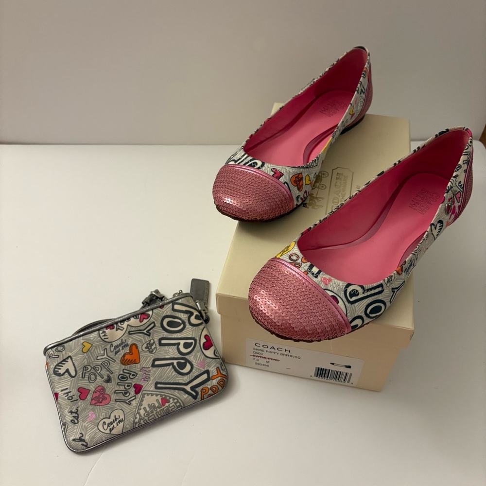 Coach RARE sequinned Multicolour Flats + matching wristlet